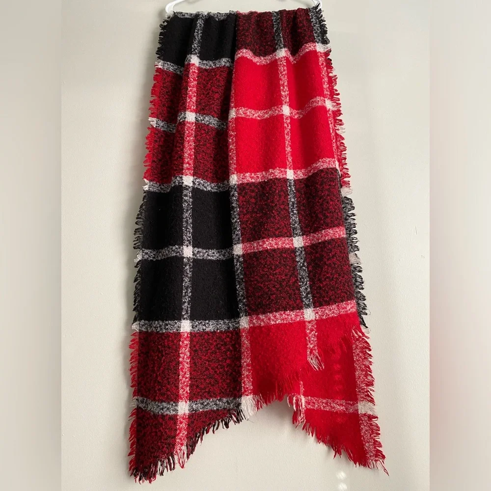 Express Red & Black Plaid Blanket Scarf Fringe Edge